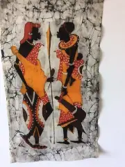 African Batik Art Panel Fabric Kenya ?Massai? Figural Tribal Life Scenes Wife &