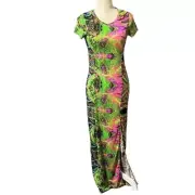 NWT AX Paris Short Sleeve Tee Split Front Maxi Dress Green Pink Pattern Womens 8