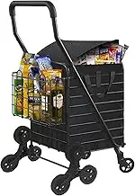 Kiffler Grocery Shopping Cart with 360° Rolling Swivel Wheels Stair Climber Utility Cart Easily Collapsible Cart with Tri-Wheels, 66lb Extended Foam Cover, Trolley for Stair, Laundry, Travel (Black-)