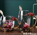 咖啡杯 琺瑯彩水杯家用玻璃咖啡杯可愛女夏花茶早餐 杯茶杯杯子帶蓋套裝 全館免運