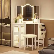 LVSOMT Dressing Table with Mirror and Lights, Charging Station, Corner Makeup Vanity with Storage Cabinet and Shelves, Modern Vanity Set with Stool for Bedroom (White)