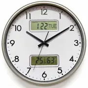 NEW Hayes Analog with Digital Date Day Temp Hygro Wall Clock, Silver, 32cm