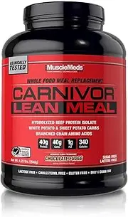 MuscleMeds CARNIVOR LEAN MEAL whole food meal replacement shake, MRE, beef protein isolate, white potato, sweet potato, 40g protein, 40 g carbs, lactose free, sugar free, Chocolate Fudge 20 servings