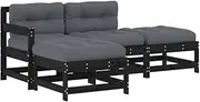 vidaXL 4 Piece Garden Lounge Set with Cushions, Black Solid Pine Wood, Comfortable Modular Design for Patio, Terrace, and Garden