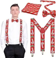 [Jiuguva] 3 Pcs Christmas Men Suspenders Candy Cane Bow Tie with Pocket Square Set Adjustable Candy Cane Suspenders