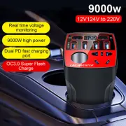 Car Power Adapter Digital Display Power Inverter 9000W w/ 4USB 2PD Ports Socket