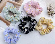 Daisy Hair Scrunchies Elastics for Women Girls Satin Hair Scrunchies with Daisy Flower Hair Rubber Bands for Thick Hair Styling Accessories 5 Pcs