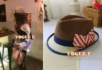 在飛比找Yahoo!奇摩拍賣優惠-☆VOGUE U☆出口日本條紋蝴蝶結撞色竹編草帽 紳士帽 帽