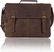 [J. Wilson London] Designer Genuine Real Distressed Vintage Hunter Leather 15" Laptop Handmade Unisex Crossover Shoulder Messenger Briefcase Bag