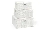 Set of 3 Resin Woven Storage Basket Box With Lid & Lock Grey, Large, Medium, Sma