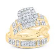 14K Yellow Gold Round & Baguette Diamond Trio Set Cushion Matching Rings 3/4 Ct.