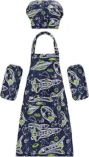 AIXIWAWA Kids Apron Chef Hat Set, Child Kitchen Bib Aprons Adjustable for Cooking Baking Painting (Space Rockets)
