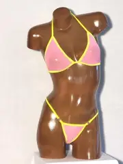 New exotic dancer thong bikini 2 piece set A/B cup Pink and Neon sheer mesh