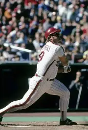 Outfielder Greg Luzinski Philadelphia Phillies swings and watches - Old Photo