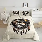 Exotic Wild Animal Boys Girls Comforter Set Full Size,Wolf Dream Catcher Duvet Set Teens Bedroom Decor,Black Tie Dye Microfiber Soft Bedding 3PCS