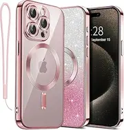 for iPhone 15 Pro Max Case Clear Magnetic Glitter Phone Cases [Compatible with MagSafe] Protector Slim Sparkle Luxury Plating Shockproof Protective Cover Women (Pink, iPhone 15 Pro Max)