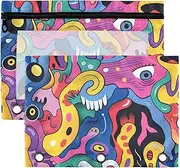 Cartoon Doodle Colorful Eyes poucheses with Clear Window Binder with Zipper Reinforced Grommets 3 Rings for School, Office & Home Multicolored 2 PCS