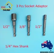 3 Pcs Socket Adapter Set 1/4" 3/8" 1/2" Driver Hex Shank square extension drill