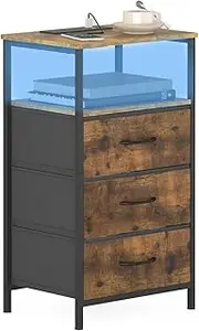 Ufurniture Nightstand with 20 Colors LED Light and Charging Station, Industrial End Table with 3 Fabric Drawers and Open Shelf, Bedside Table for Bedroom and Living Room Storage, Brown