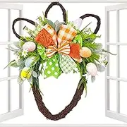 Easter Wreaths for Front Door, Bunny Head Shape Wreath, Spring Eggs Wreath Easter Decor, Natural Rattan Door Sign, Spring Decorations with Plaid Bow, Easter Door Wreath, Bunny Shaped Easter Wreath