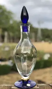 New Hand Blown Wine Decanter Crystal Clear With Cobalt Stopper Made In Romania