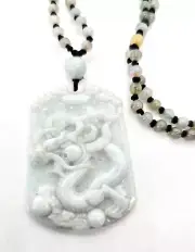 Feng Shui Chinese carved Jade Dragon beaded pendant adjustable corded necklace