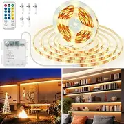 LQYLXR 5 m Warm White Strip with Battery Operated, 150 LED Self-Adhesive Night Lights Strips with 8 Modes Timer Remote Control, Dimmable LED Strip for Kitchen Bedroom Shelf Decoration, Can be Cut to