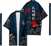 [WaiYeeHei] Asian Size Mens Loose 3/4 Wide Sleeve Kimono Longline Yukata Robe Gown Tops Shirt Haori Coat Japanese Style
