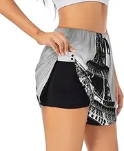[WURTON] Black Paris Eiffel Tower Print Exercise Gym Workout Shorts Women's Athletic Shorts Dual-Layered Yoga Running Shorts