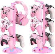 Canmarin Gaming RGB Headphone Stand, Controller Holder with 9 Light Modes - Headset Stand with 2 USB Charging Ports and 3.5mm & Type-C - Controller Stand Hanger Accessories for Desk and Gamer(Pink)…