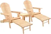 Gardeon Beach Chair Wooden Folding Outdoor Table and Chairs Camping Adirondack, Sun Lounge Lounger Setting Garden Pool Backyard, with Ottoman 150kg Capacity Natural Set of 3