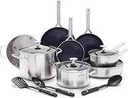 [Blue Diamond] 15-Piece Tri-Ply Stainless Steel Cookware Set, Healthy Ceramic Nonstick, Induction-Compatible Pots & Pans, PFAS & PFOA-Free, Dishwasher Safe, 600°F Oven Safe, Metal Utensil Safe, Silver