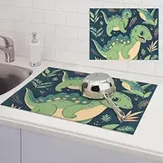 Cute Dinosaur Dish Drying Mats for Kitchen Counter, Absorbent Microfiber Kitchen Dishes Drainer Mat Large Dish Drying Pad with Hook Coffee Mat Kitchen Accessories 18x24 Inch