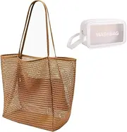 [HYHP] Trendy Mesh Beach Tote Bag with Transparency PVC Cosmetic Bag, Mesh Weave Tote Bag Mesh Weave Handbag Open-Weave Mesh Tote Mesh Carry with one Clear Makeup Bag for Beach Swimming Pools Vacations