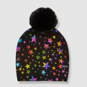 $42 Bari Lynn Kid's Girl's Black Stars Pom Pom Hat One-Size