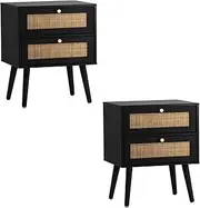 Oikiture Bedside Table Set of 2 with 2 Rattan Drawers End Table Storage Cabinet Black