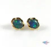 Australian Genuine Opal Stud Earrings 9x7mm 925 Sterling Silver 18ct Gold Plated