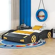 Acosure Full Size Race Car Bed Platform Bed with Wheels and Storage,Wood Bed Frame W/Wood Slats Support,for Kids Boys Girls Teens,Box Spring Not Required,Black+Yellow