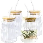 4 Pieces Cappuccino Glasses, Coffee Glasses Set with Lid and Straw, 500ml Latte Macchiato Cups Glass Origami Style Glasses Drinking Coffee Cups Ribbed for Latte Tea Ice Milk Beer