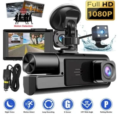 Car Dual Lens Dash Camera Cam HD 1080P Front/Rear/Inside Video Recorder G-Sensor