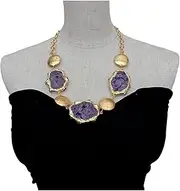 LAnGSHAW Purple Agate Slice Brushed Coin Bead Chain Statement Necklace 23"
