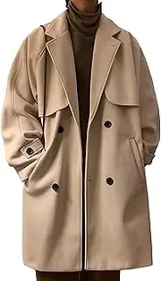 [Zylphorix] Men Double Breasted Faux Wool Trench Jacket Mid Long Notched Lapel Woolen Blend Coat Winter Loose Solid Overcoat