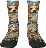[JEJEA] Corgi Floral Flowers Spring Garden print Socks For Men and Women Men's Moisture Control Crew Socks Gifts For Golf, Hunting, Camping