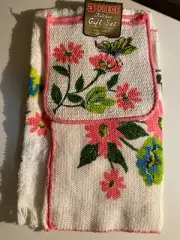 Vintage Hanson Terry Towels Set 3 Kitchen Dish Floral Fringe NEW OLD STOCK Retro