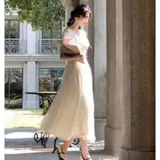 Short-Sleeve Square-Neck Plain A-Line Cocktail Dress (Various Designs) Long Edition - Cream Beige - S