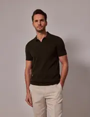 Hawes & Curtis Dark Green Open Collar Knitted Cotton Polo Shirt - Short Sleeve