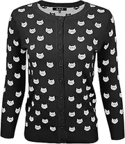 YEMAK Women's Knit Cardigan Sweater – 3/4 Sleeve Button Down Crewneck Cute Cat Dog Pattern Casual Lightweight Knitted Top