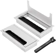 2 Pcs Desk Table Grommets, Aluminum Alloy Rectangle Cord Cable Wire Hole Covers Organizer, Cable Tidies Port Hole Covers with Brushes for Home Office Table (silvery, 160x80mm)