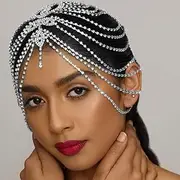 [Generic] Rhinestone Cap Headpiece For Women Crystal 1920s Tassel Hair Accessories Belly Cap Headpieces Wedding Bridal Head Jewelry (Silvery)