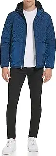 [Kenneth Cole] Men's Sherpa Lined Diamond Quilt Attached Hood Faux Memory Fabric Jacket